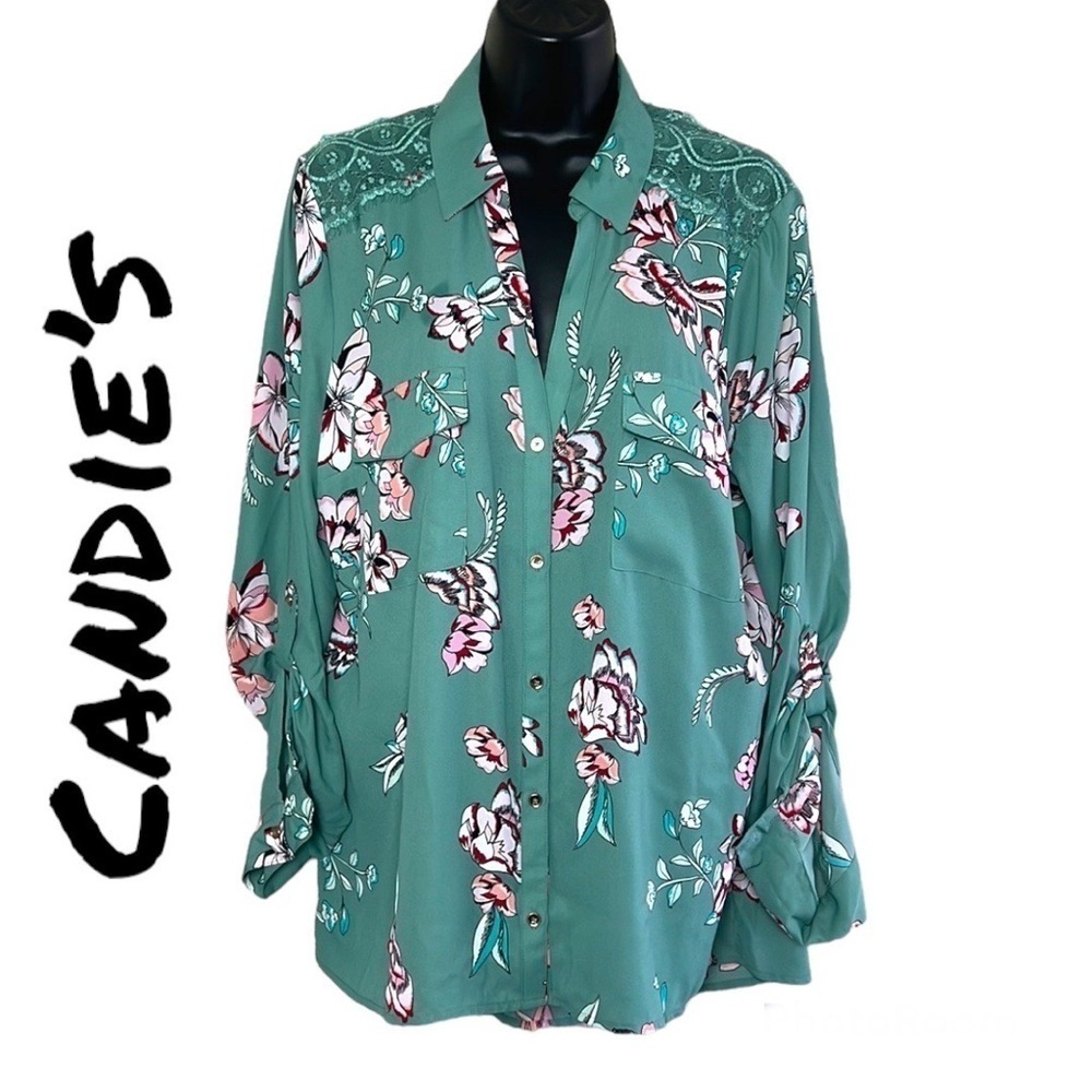 Candie's Mint Green Floral Button Down Blouse Size XL